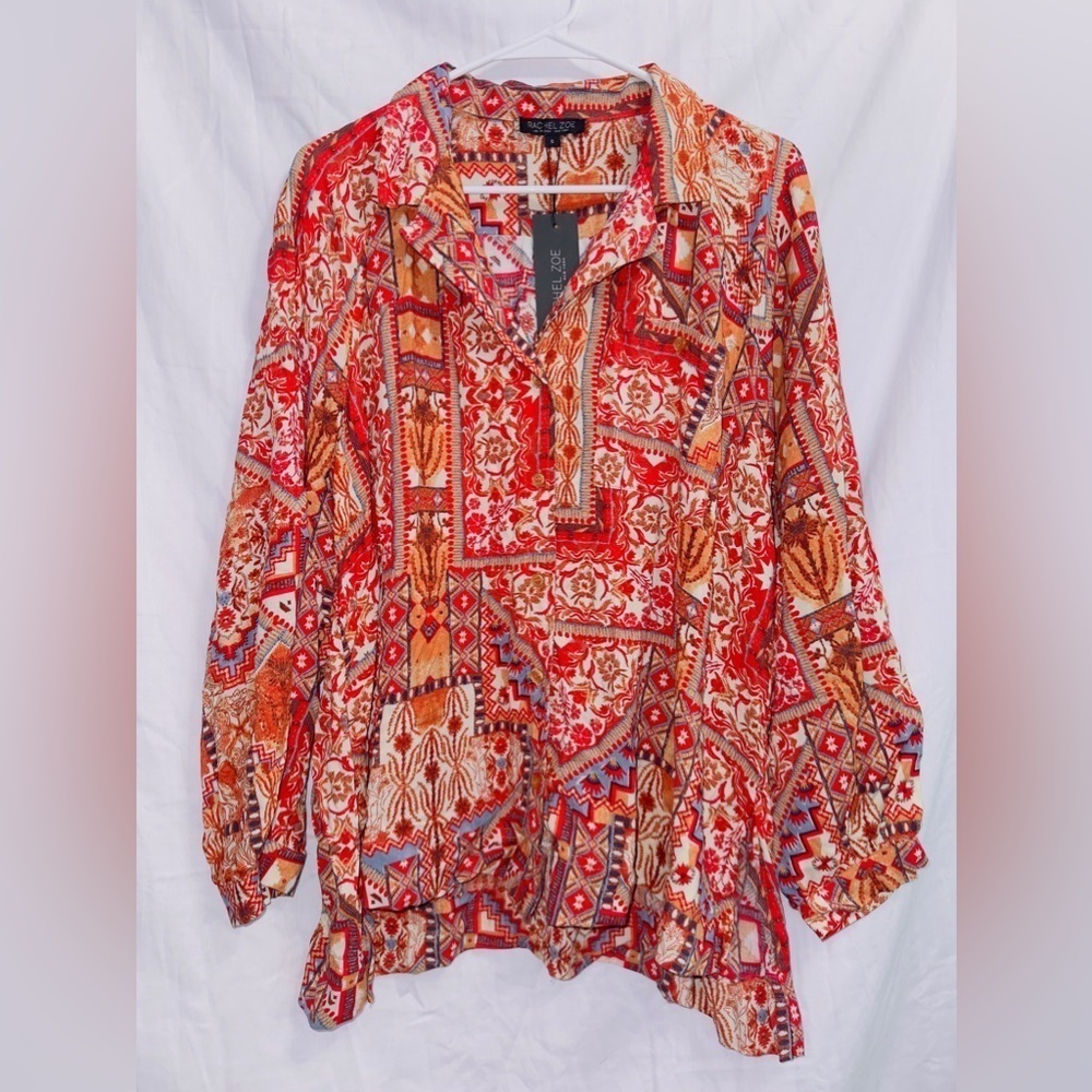 Rachel Zoe Red Orange Patterned Button-Down Shirt